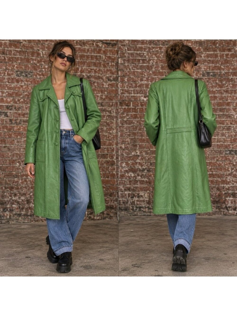 Vintage 70s Crown Leather Trench Coat Pistachio Green Womens Large Rare Color!